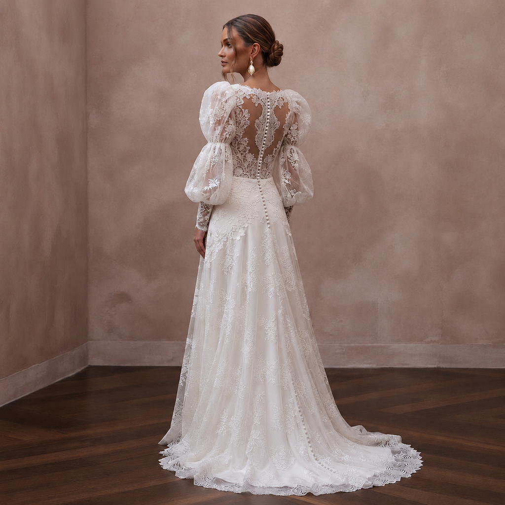 Puff Sleeve Lace Wedding Dress for an Outdoor Ceremony - Apparel & Accessories > Clothing > Wedding & Bridal Party Dresses > Wedding Dresses - Mignonette Bridal