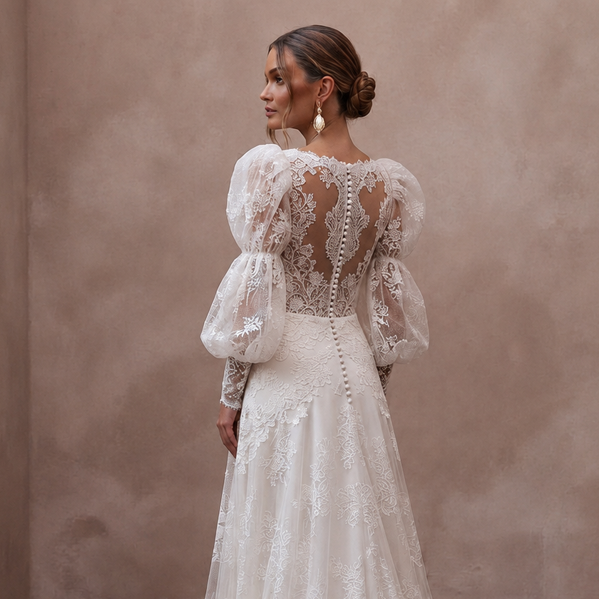 Puff Sleeve Lace Wedding Dress for an Outdoor Ceremony - Apparel & Accessories > Clothing > Wedding & Bridal Party Dresses > Wedding Dresses - Mignonette Bridal