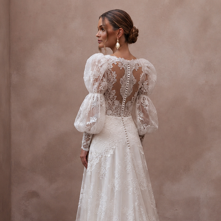 Puff Sleeve Lace Wedding Dress for an Outdoor Ceremony - Apparel & Accessories > Clothing > Wedding & Bridal Party Dresses > Wedding Dresses - Mignonette Bridal