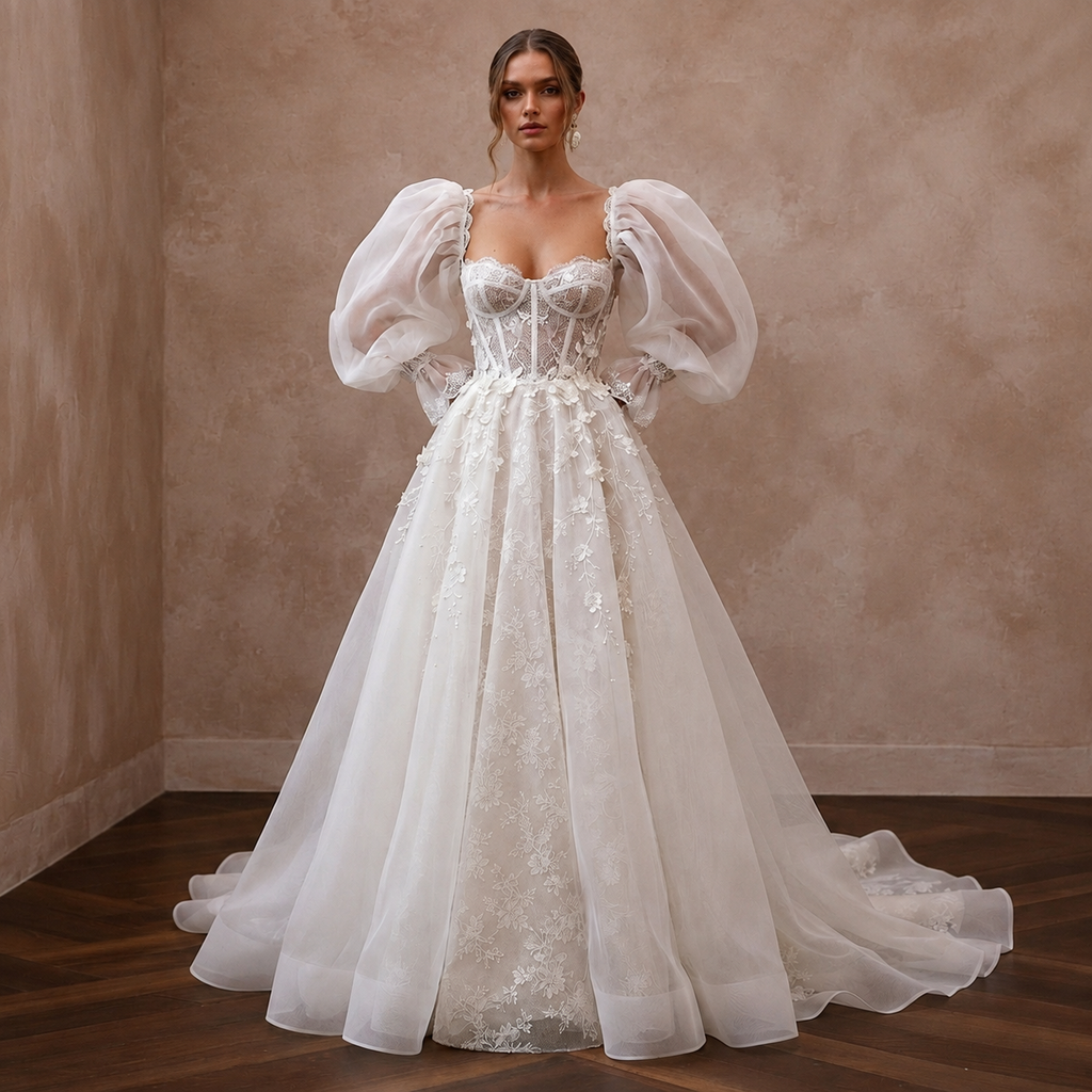 Puff Sleeve Organza Wedding Dress for a Garden Wedding - Apparel & Accessories > Clothing > Wedding & Bridal Party Dresses > Wedding Dresses - Mignonette Bridal