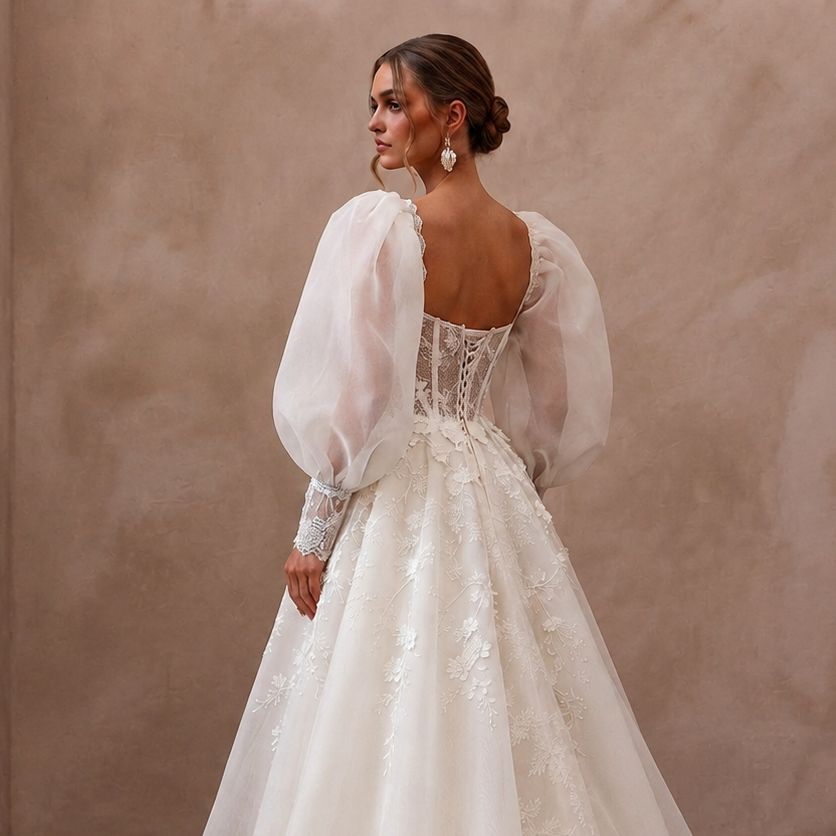 Puff Sleeve Organza Wedding Dress for a Garden Wedding - Apparel & Accessories > Clothing > Wedding & Bridal Party Dresses > Wedding Dresses - Mignonette Bridal