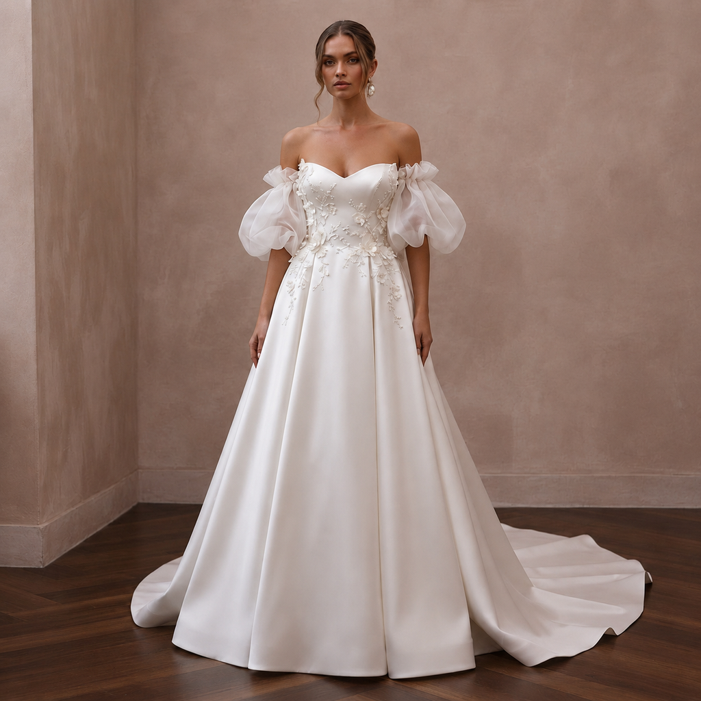 Puff Sleeve Satin Bridal Dress for a Romantic Ceremony - Apparel & Accessories > Clothing > Wedding & Bridal Party Dresses > Wedding Dresses - Mignonette Bridal