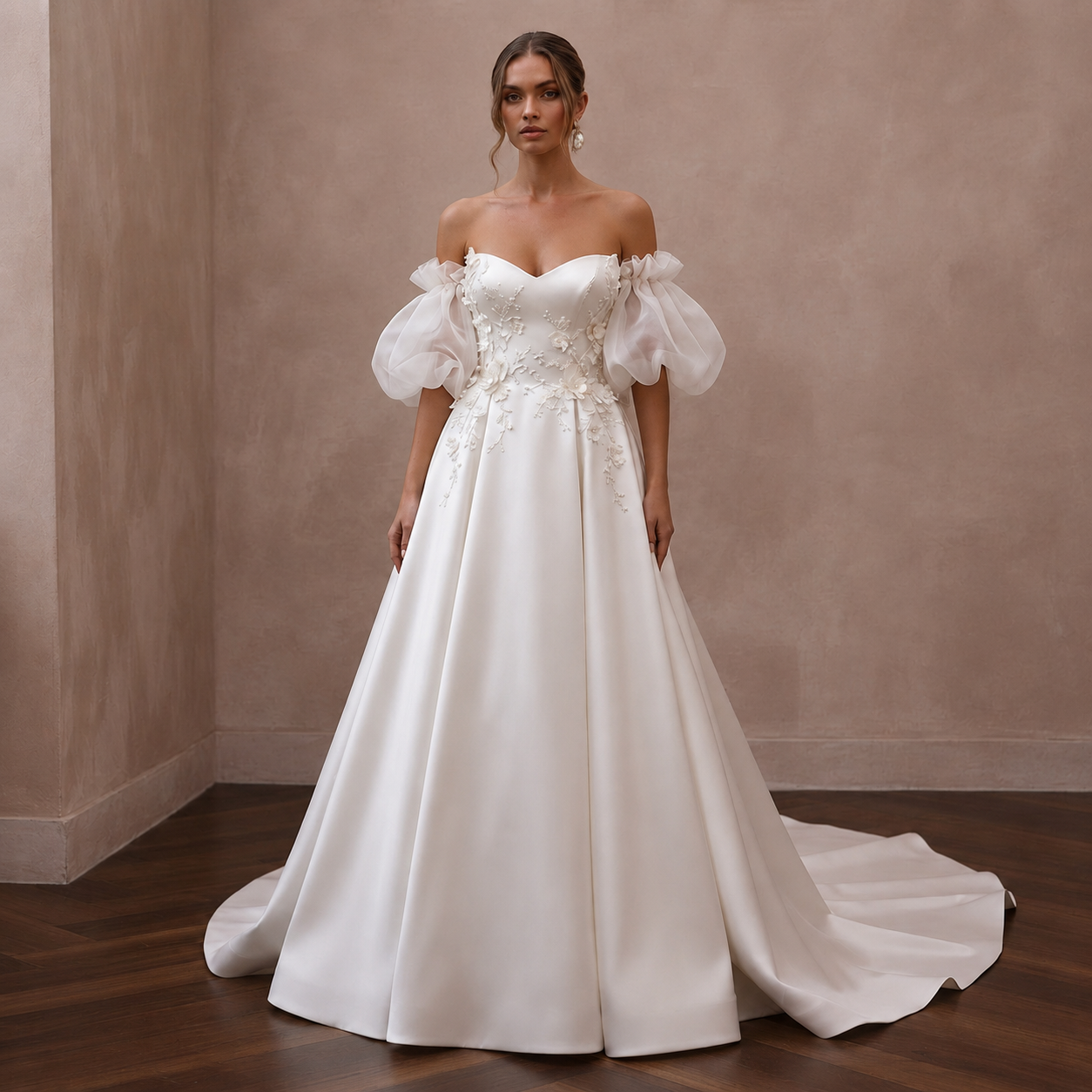 Puff Sleeve Satin Bridal Dress for a Romantic Ceremony - Apparel & Accessories > Clothing > Wedding & Bridal Party Dresses > Wedding Dresses - Mignonette Bridal