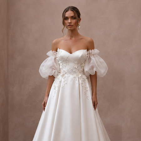 Puff Sleeve Satin Bridal Dress for a Romantic Ceremony - Apparel & Accessories > Clothing > Wedding & Bridal Party Dresses > Wedding Dresses - Mignonette Bridal