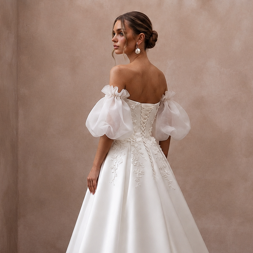 Puff Sleeve Satin Bridal Dress for a Romantic Ceremony - Apparel & Accessories > Clothing > Wedding & Bridal Party Dresses > Wedding Dresses - Mignonette Bridal