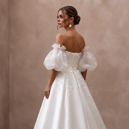 Puff Sleeve Satin Bridal Dress for a Romantic Ceremony - Apparel & Accessories > Clothing > Wedding & Bridal Party Dresses > Wedding Dresses - Mignonette Bridal