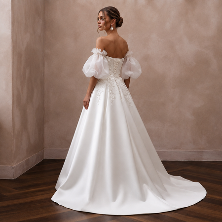 Puff Sleeve Satin Bridal Dress for a Romantic Ceremony - Apparel & Accessories > Clothing > Wedding & Bridal Party Dresses > Wedding Dresses - Mignonette Bridal