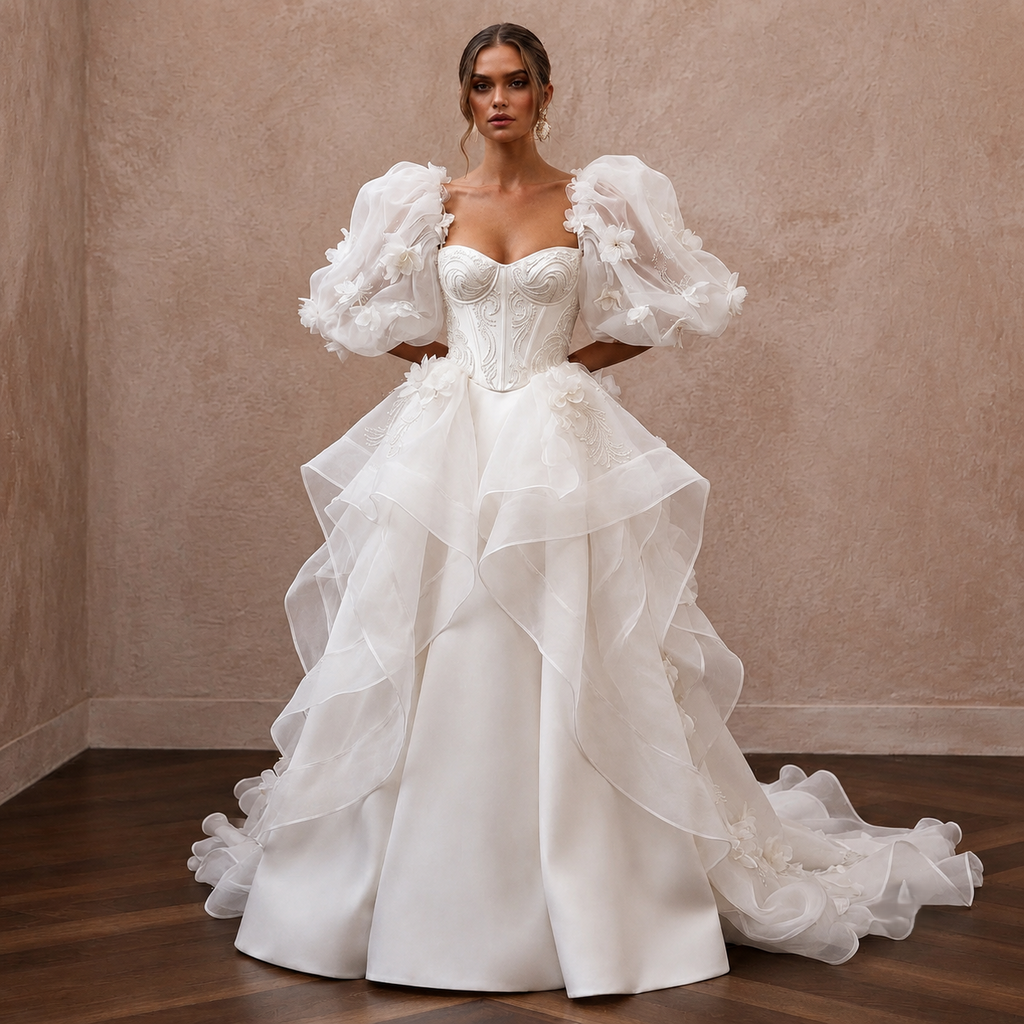 Puff Sleeve Wedding Dresses with Dramatic Organza Volume