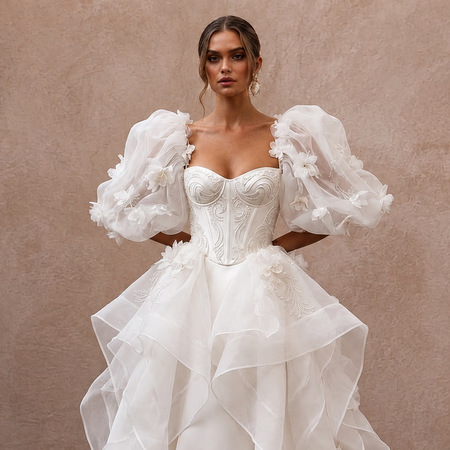 Puff Sleeve Wedding Dresses with Dramatic Organza Volume - Apparel & Accessories > Clothing > Wedding & Bridal Party Dresses > Wedding Dresses - Mignonette Bridal