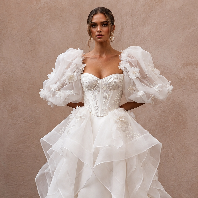 Puff Sleeve Wedding Dresses with Dramatic Organza Volume