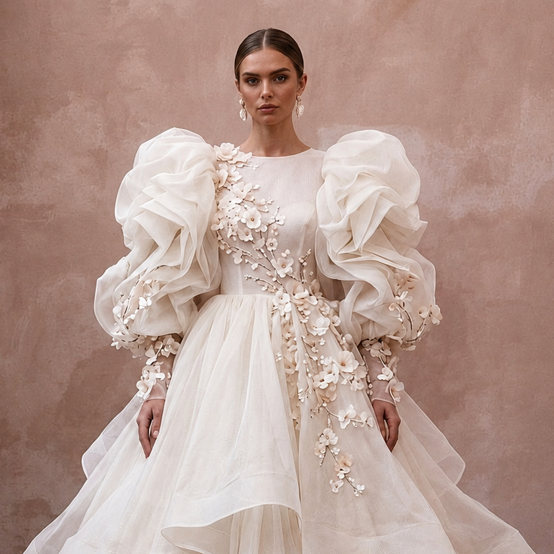 Puff Sleeve Wedding Dresses with Voluminous Organza Design