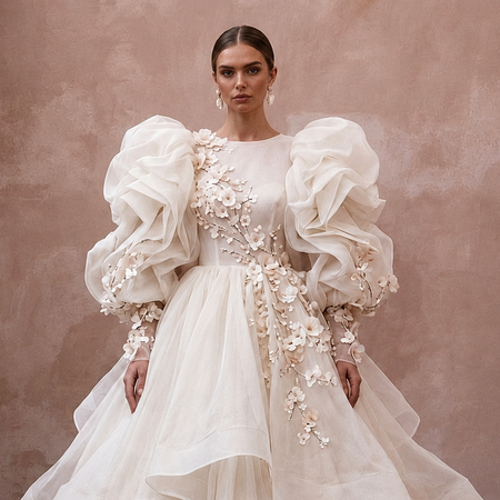 Puff Sleeve Wedding Dresses with Voluminous Organza Design