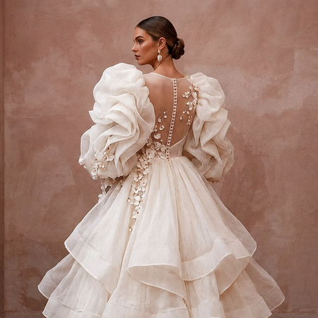 Puff Sleeve Wedding Dresses with Voluminous Organza Design - Apparel & Accessories > Clothing > Wedding & Bridal Party Dresses > Wedding Dresses - Mignonette Bridal