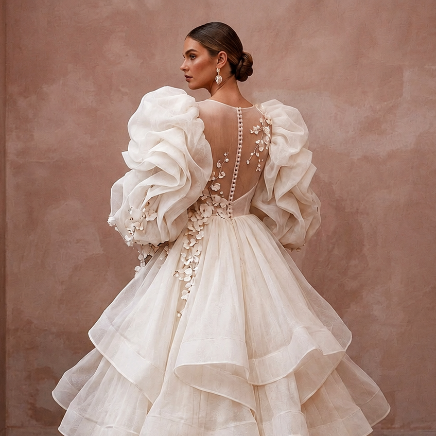 Puff Sleeve Wedding Dresses with Voluminous Organza Design