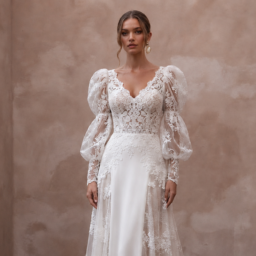 Puff Sleeve Lace Wedding Dress for an Outdoor Ceremony - Apparel & Accessories > Clothing > Wedding & Bridal Party Dresses > Wedding Dresses - Mignonette Bridal