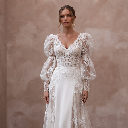 Puff Sleeve Lace Wedding Dress for an Outdoor Ceremony - Apparel & Accessories > Clothing > Wedding & Bridal Party Dresses > Wedding Dresses - Mignonette Bridal