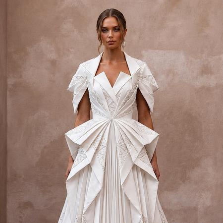 Pure Diamond White Satin Origami Gown for Vow Renewal