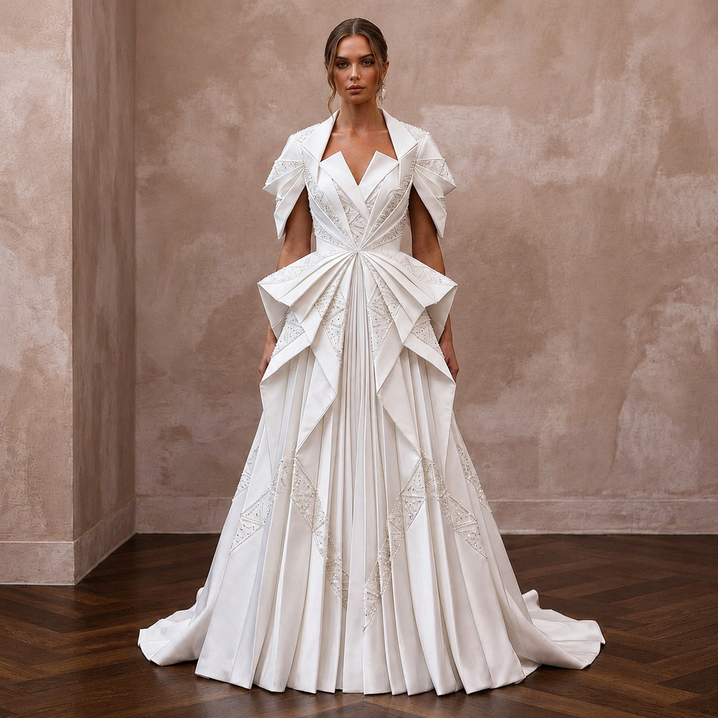 Pure Diamond White Satin Origami Gown for Vow Renewal