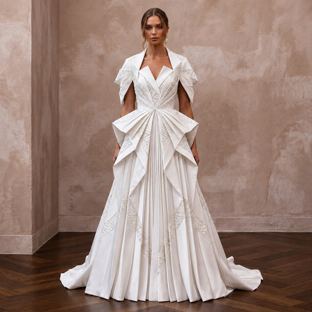 Pure Diamond White Satin Origami Gown for Vow Renewal