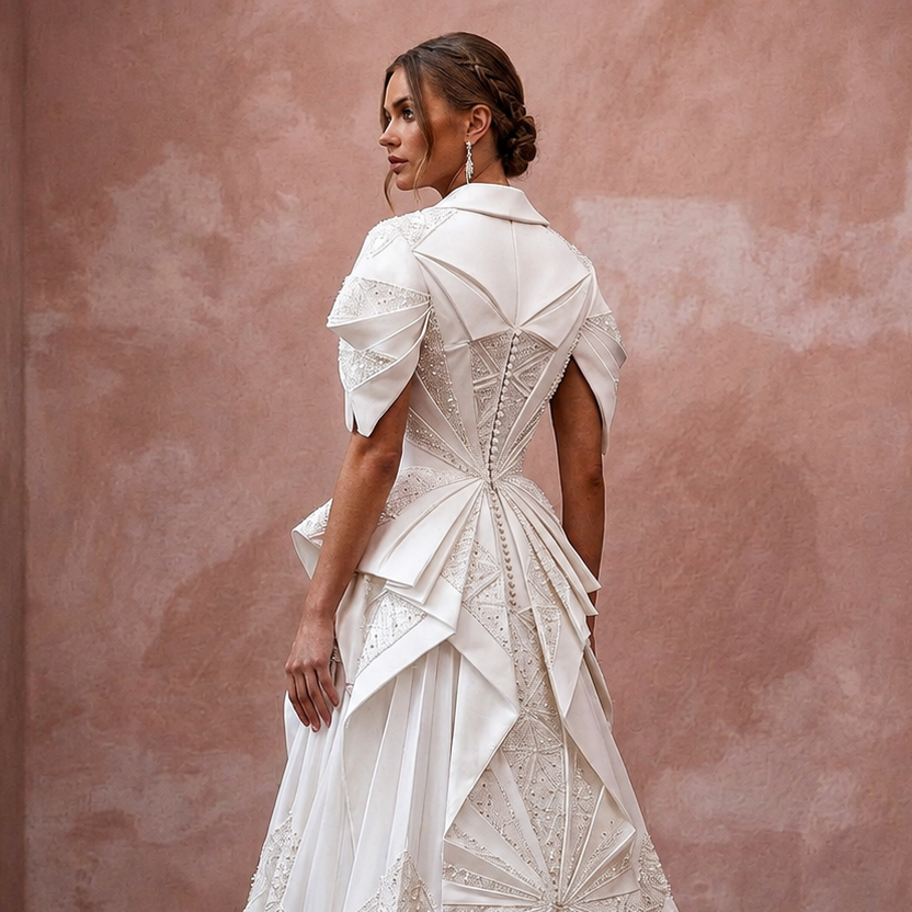 Pure Diamond White Satin Origami Gown for Vow Renewal