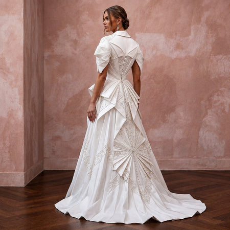 Pure Diamond White Satin Origami Gown for Vow Renewal - Apparel & Accessories > Clothing > Wedding & Bridal Party Dresses > Wedding Dresses - Mignonette Bridal
