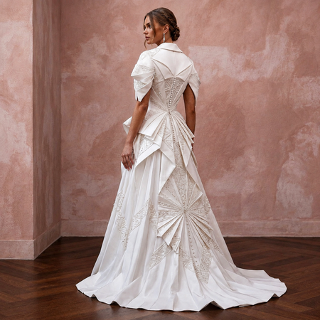 Pure Diamond White Satin Origami Gown for Vow Renewal