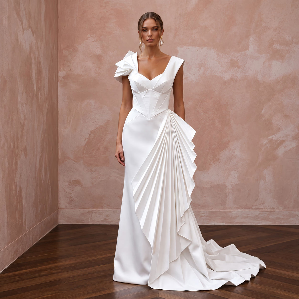 Pure Diamond White Satin Origami Wedding Dress for Vow Renewal - Apparel & Accessories > Clothing > Wedding & Bridal Party Dresses > Wedding Dresses - Mignonette Bridal Main image