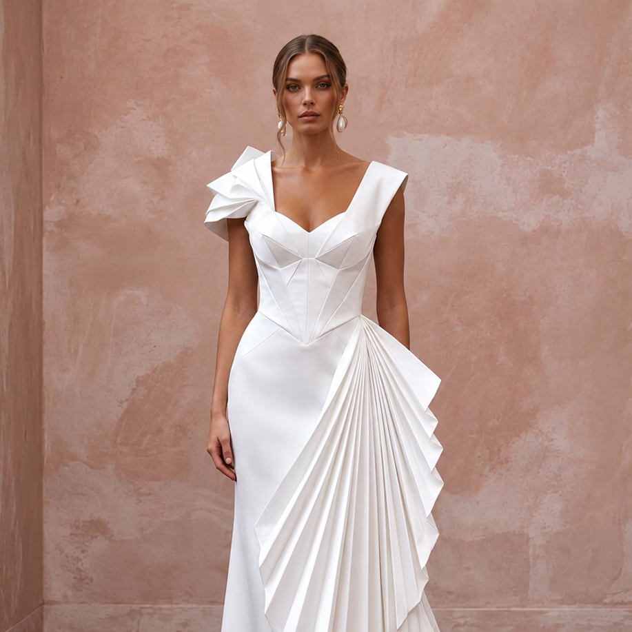 Pure Diamond White Satin Origami Wedding Dress for Vow Renewal