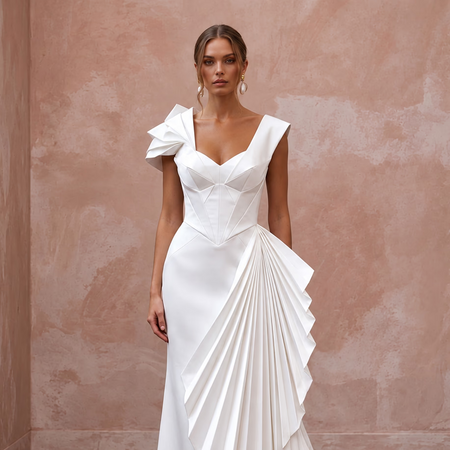 Pure Diamond White Satin Origami Wedding Dress for Vow Renewal