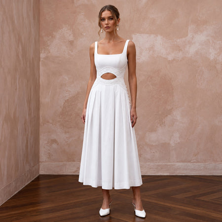 Pure White Cotton Poplin Cut - Out Waist Midi Dress for Courthouse Union - Apparel & Accessories > Clothing > Wedding & Bridal Party Dresses > Wedding Dresses - Mignonette Bridal