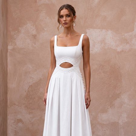 Pure White Cotton Poplin Cut - Out Waist Midi Dress for Courthouse Union - Apparel & Accessories > Clothing > Wedding & Bridal Party Dresses > Wedding Dresses - Mignonette Bridal