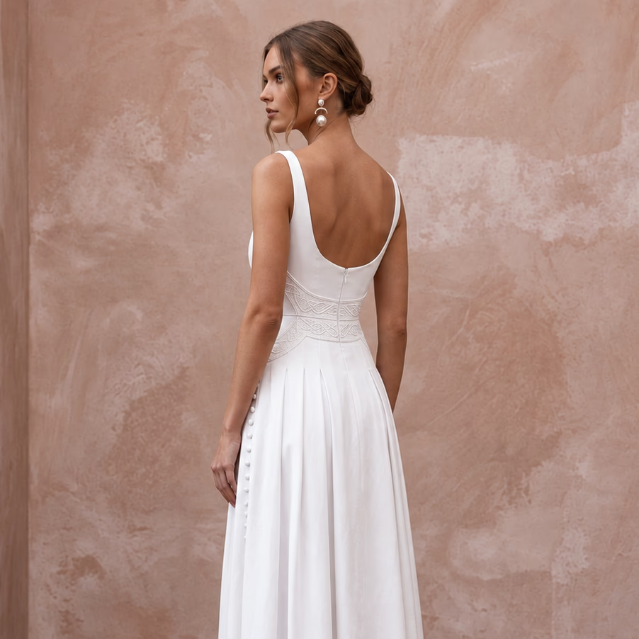 Pure White Cotton Poplin Cut - Out Waist Midi Dress for Courthouse Union - Apparel & Accessories > Clothing > Wedding & Bridal Party Dresses > Wedding Dresses - Mignonette Bridal