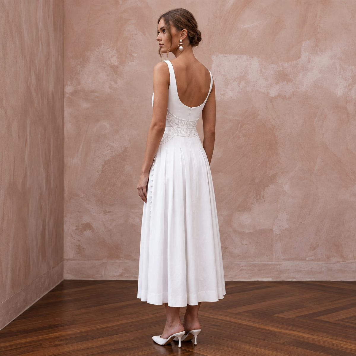 Pure White Cotton Poplin Cut - Out Waist Midi Dress for Courthouse Union - Apparel & Accessories > Clothing > Wedding & Bridal Party Dresses > Wedding Dresses - Mignonette Bridal