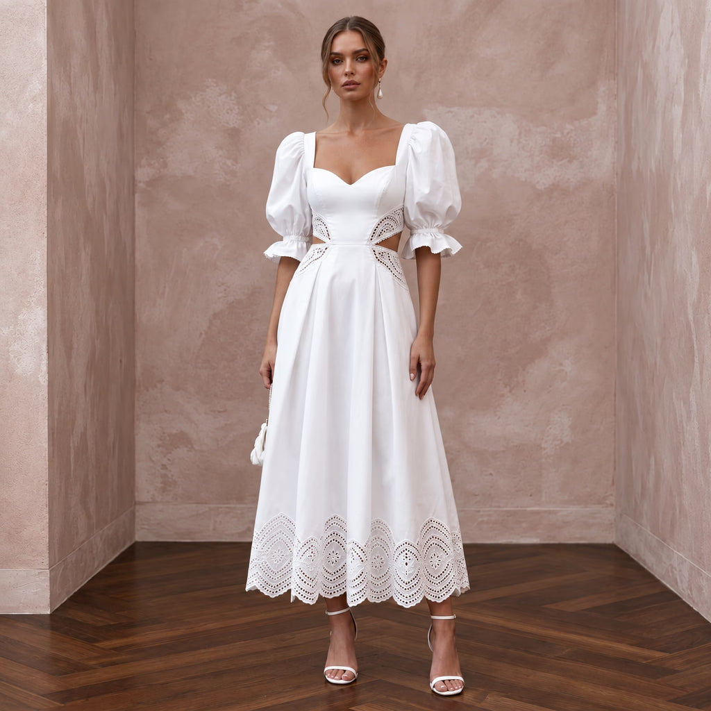 Pure White Cotton Poplin Puff Sleeve Midi Dress for Civil Ceremony