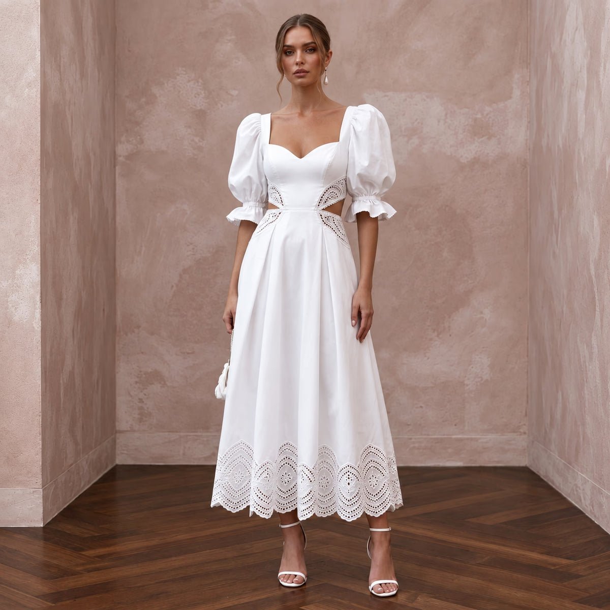 Pure White Cotton Poplin Puff Sleeve Midi Dress for Civil Ceremony
