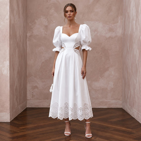 Pure White Cotton Poplin Puff Sleeve Midi Dress for Civil Ceremony