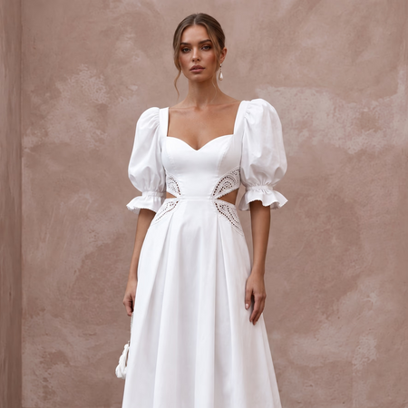 Pure White Cotton Poplin Puff Sleeve Midi Dress for Civil Ceremony