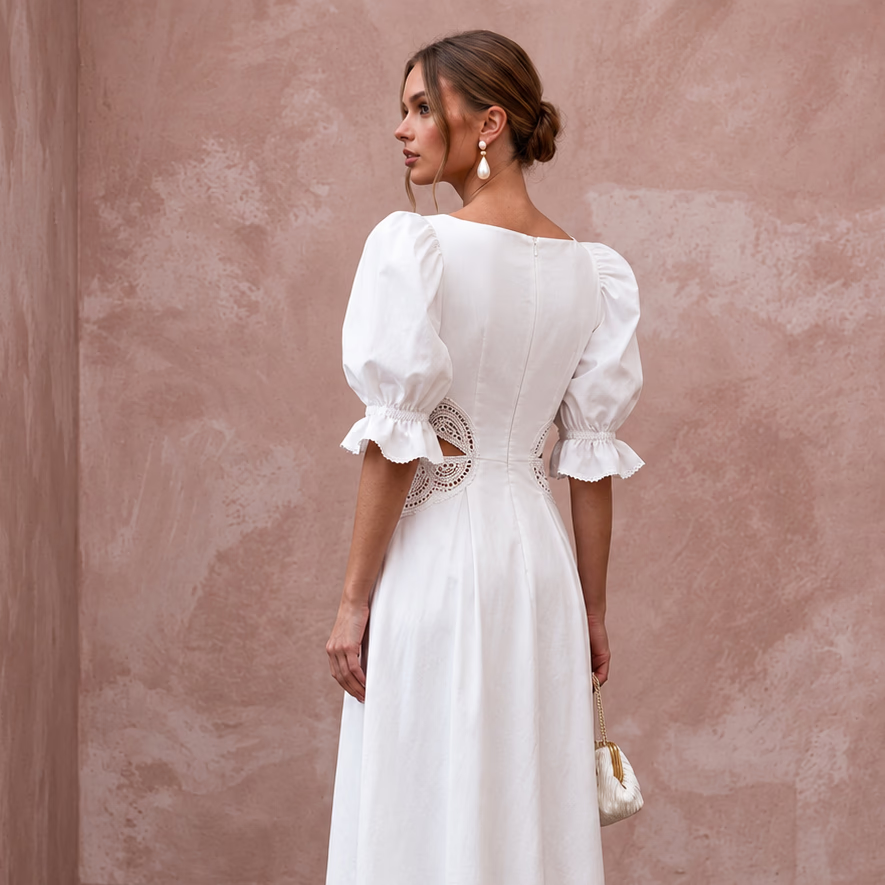 Pure White Cotton Poplin Puff Sleeve Midi Dress for Civil Ceremony