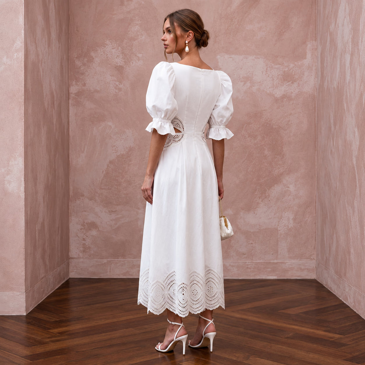 Pure White Cotton Poplin Puff Sleeve Midi Dress for Civil Ceremony Secondary image
