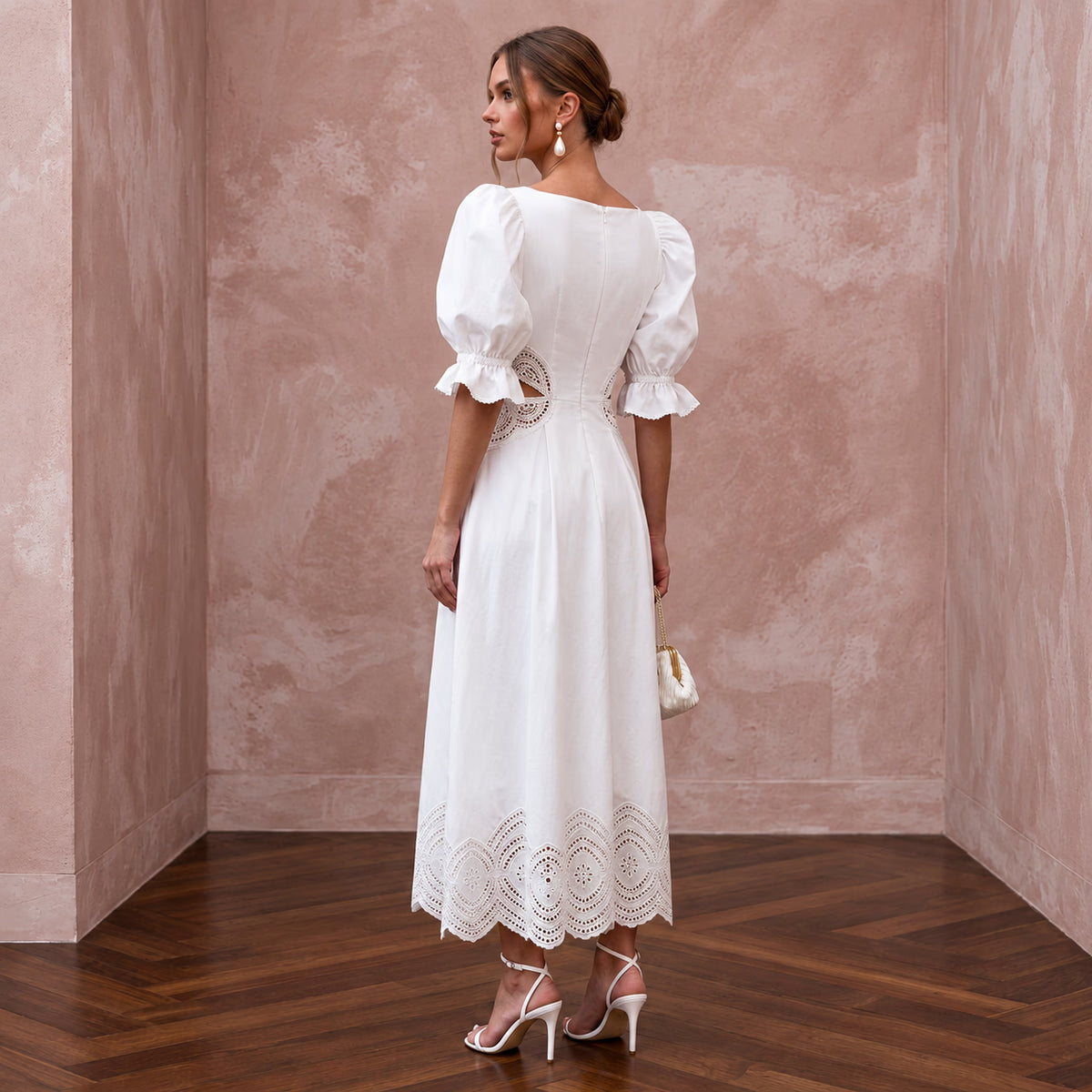 Pure White Cotton Poplin Puff Sleeve Midi Dress for Civil Ceremony