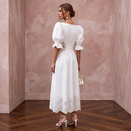 Pure White Cotton Poplin Puff Sleeve Midi Dress for Civil Ceremony