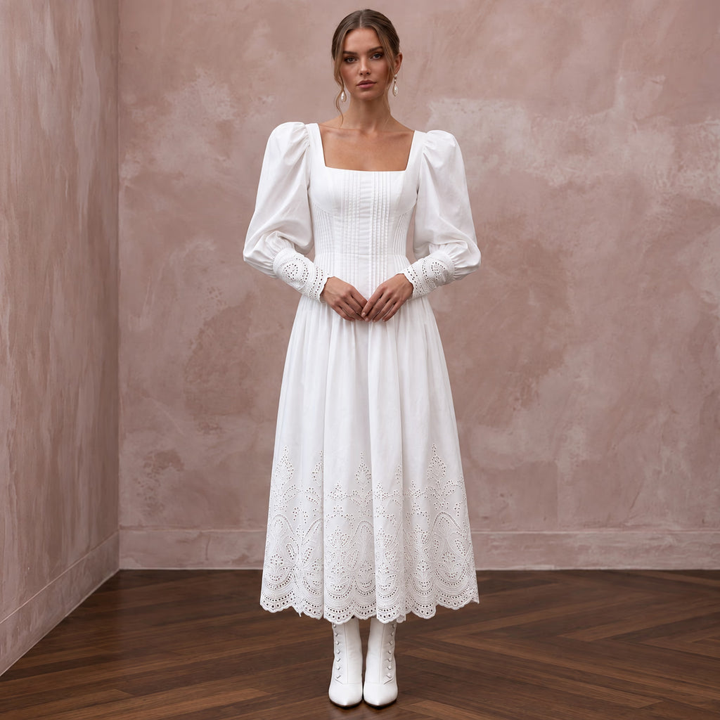 Pure White Cotton Poplin Puff Sleeve Midi Dress for Civil Union - Apparel & Accessories > Clothing > Wedding & Bridal Party Dresses > Wedding Dresses - Mignonette Bridal
