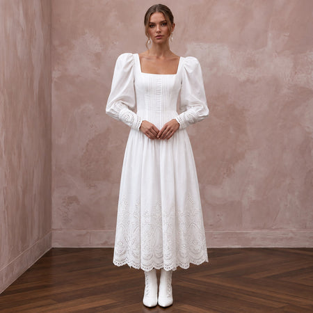 Pure White Cotton Poplin Puff Sleeve Midi Dress for Civil Union - Apparel & Accessories > Clothing > Wedding & Bridal Party Dresses > Wedding Dresses - Mignonette Bridal