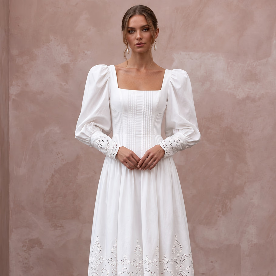 Pure White Cotton Poplin Puff Sleeve Midi Dress for Civil Union - Apparel & Accessories > Clothing > Wedding & Bridal Party Dresses > Wedding Dresses - Mignonette Bridal