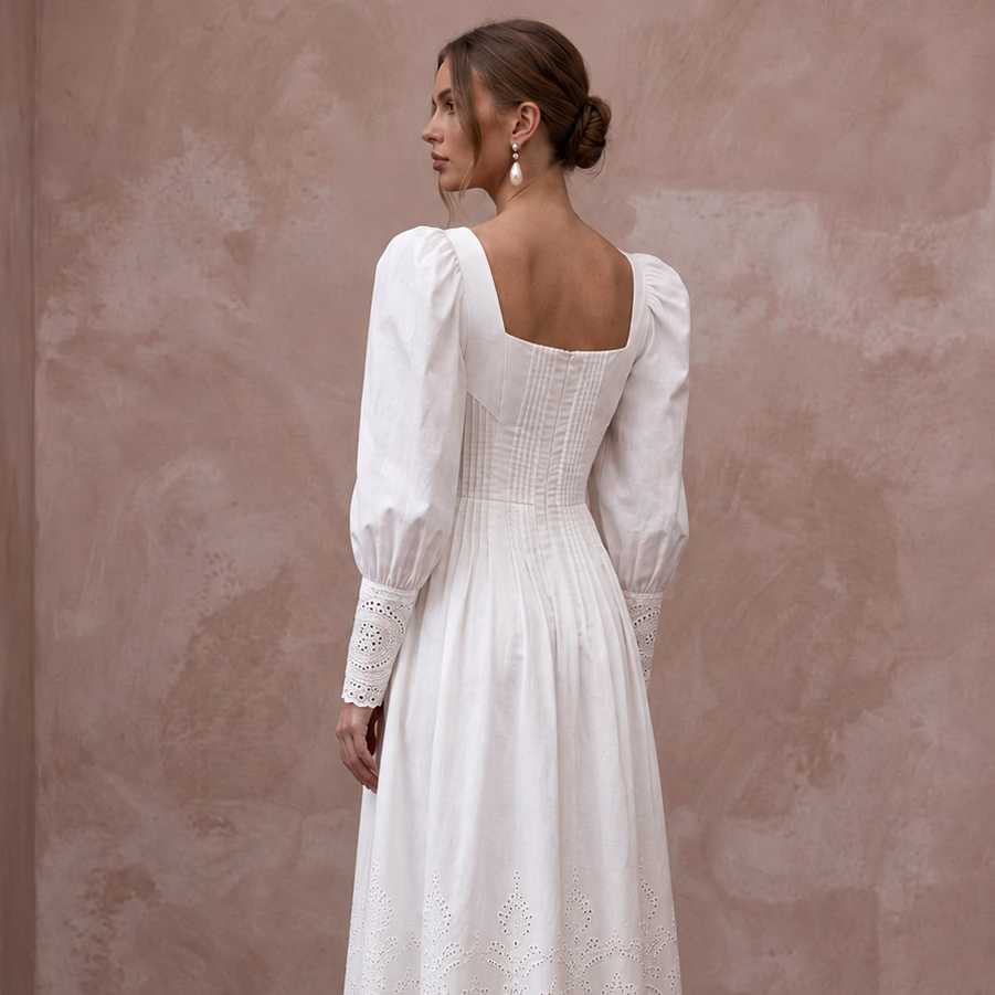 Pure White Cotton Poplin Puff Sleeve Midi Dress for Civil Union - Apparel & Accessories > Clothing > Wedding & Bridal Party Dresses > Wedding Dresses - Mignonette Bridal