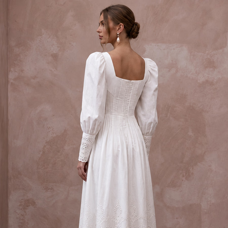 Pure White Cotton Poplin Puff Sleeve Midi Dress for Civil Union - Apparel & Accessories > Clothing > Wedding & Bridal Party Dresses > Wedding Dresses - Mignonette Bridal