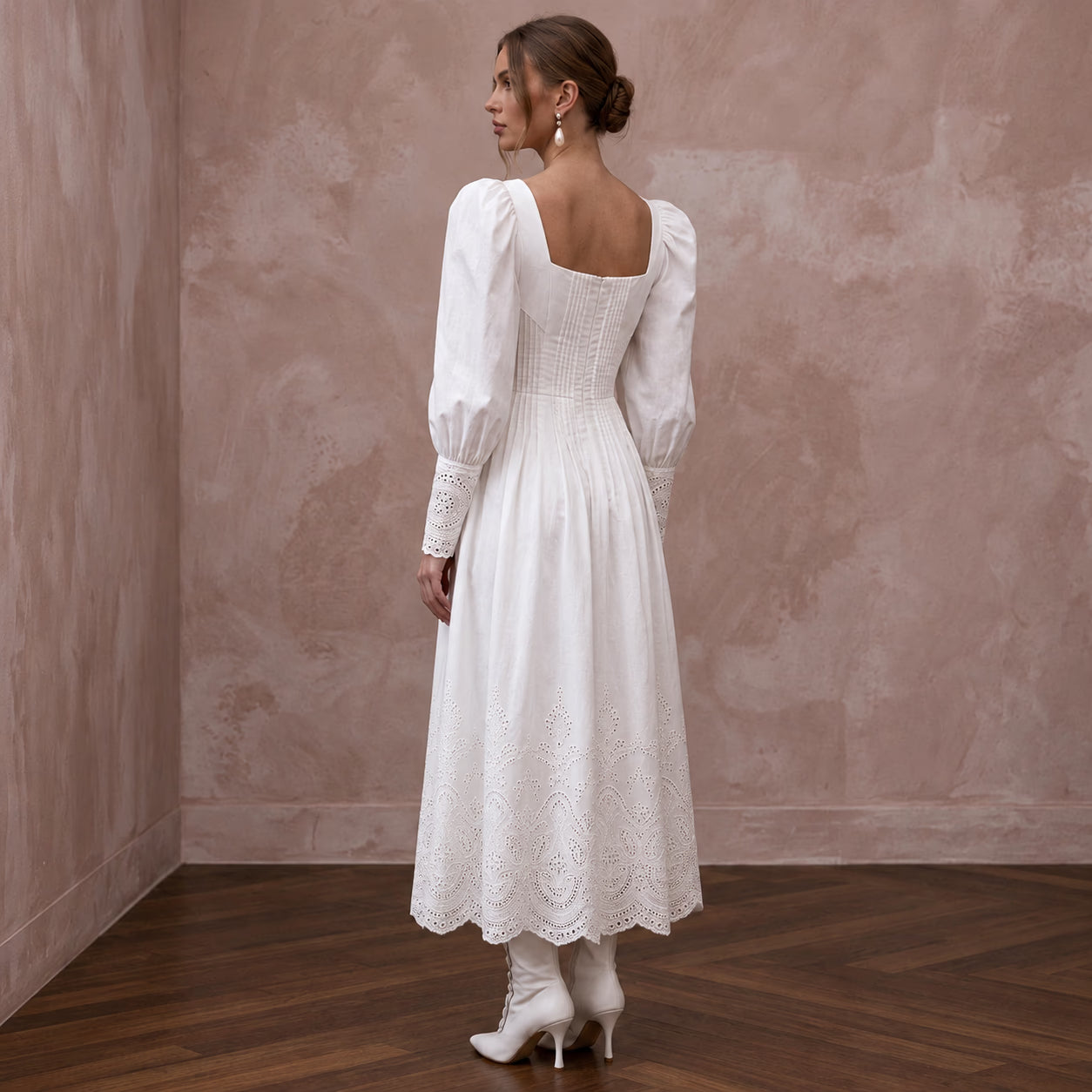 Pure White Cotton Poplin Puff Sleeve Midi Dress for Civil Union Secondary image