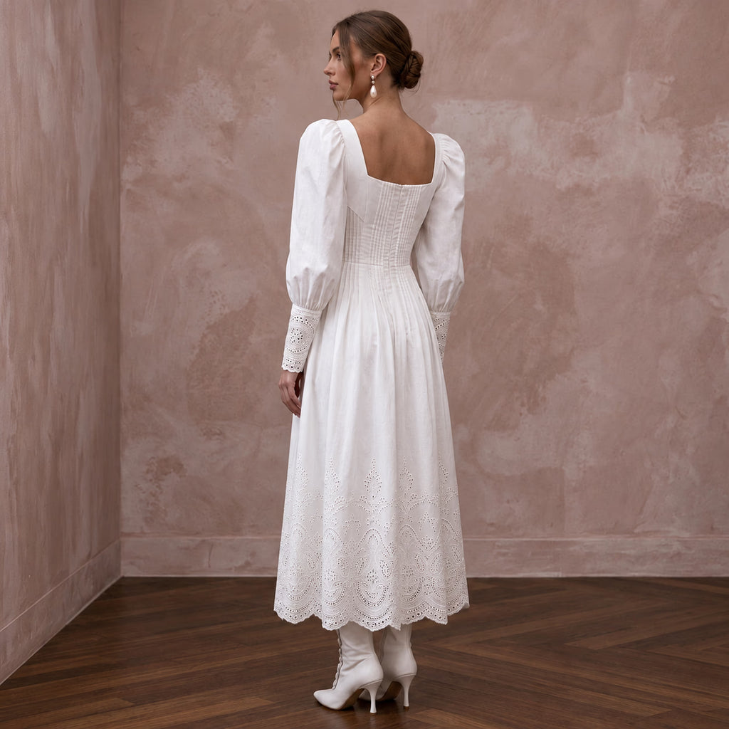 Pure White Cotton Poplin Puff Sleeve Midi Dress for Civil Union - Apparel & Accessories > Clothing > Wedding & Bridal Party Dresses > Wedding Dresses - Mignonette Bridal