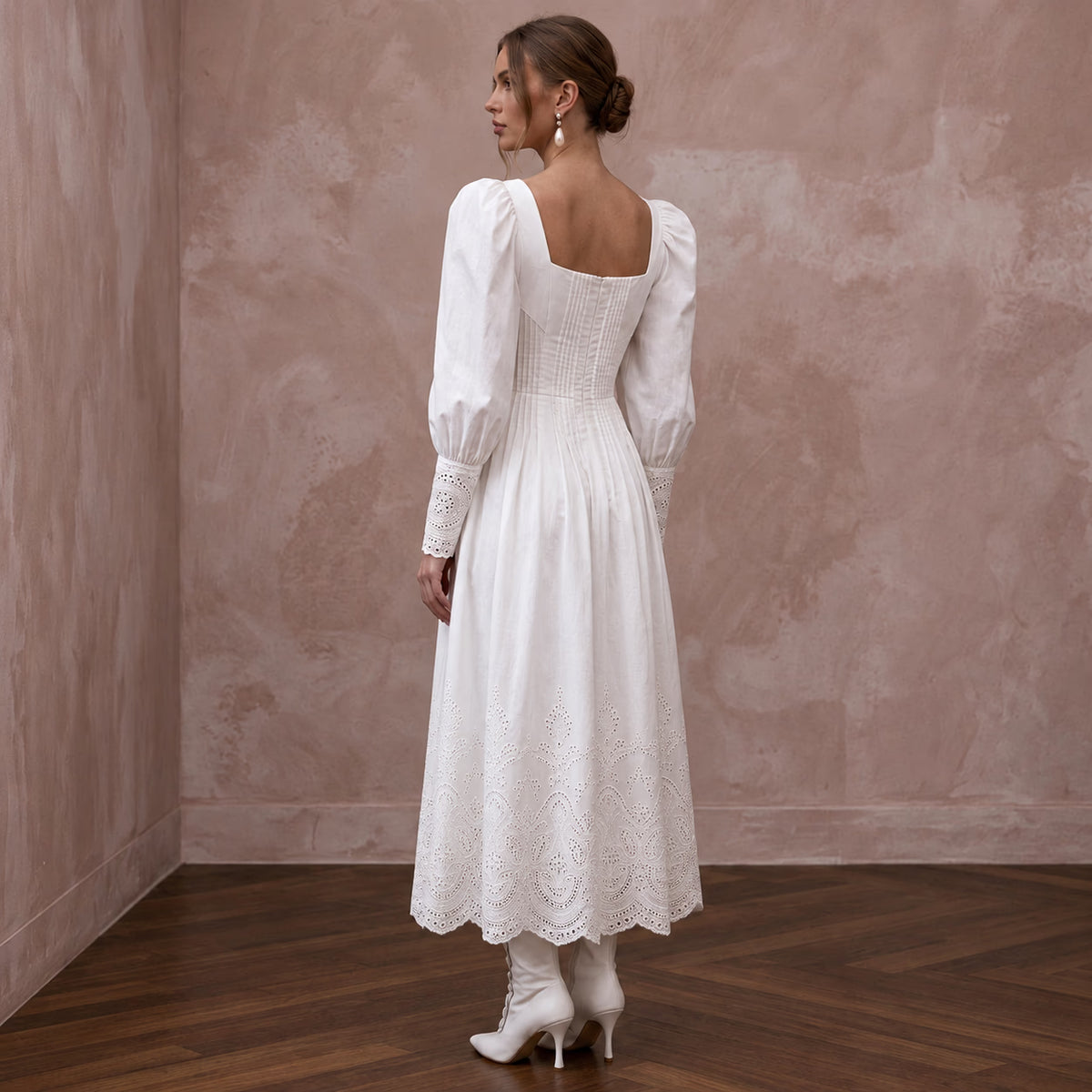Pure White Cotton Poplin Puff Sleeve Midi Dress for Civil Union - Apparel & Accessories > Clothing > Wedding & Bridal Party Dresses > Wedding Dresses - Mignonette Bridal