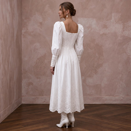 Pure White Cotton Poplin Puff Sleeve Midi Dress for Civil Union - Apparel & Accessories > Clothing > Wedding & Bridal Party Dresses > Wedding Dresses - Mignonette Bridal